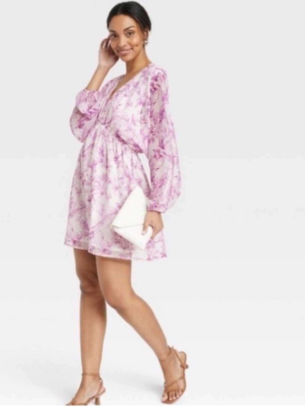 NEW A New Day Purple White Floral Balloon Sleeve Mini Dress Chiffon Summer  XL